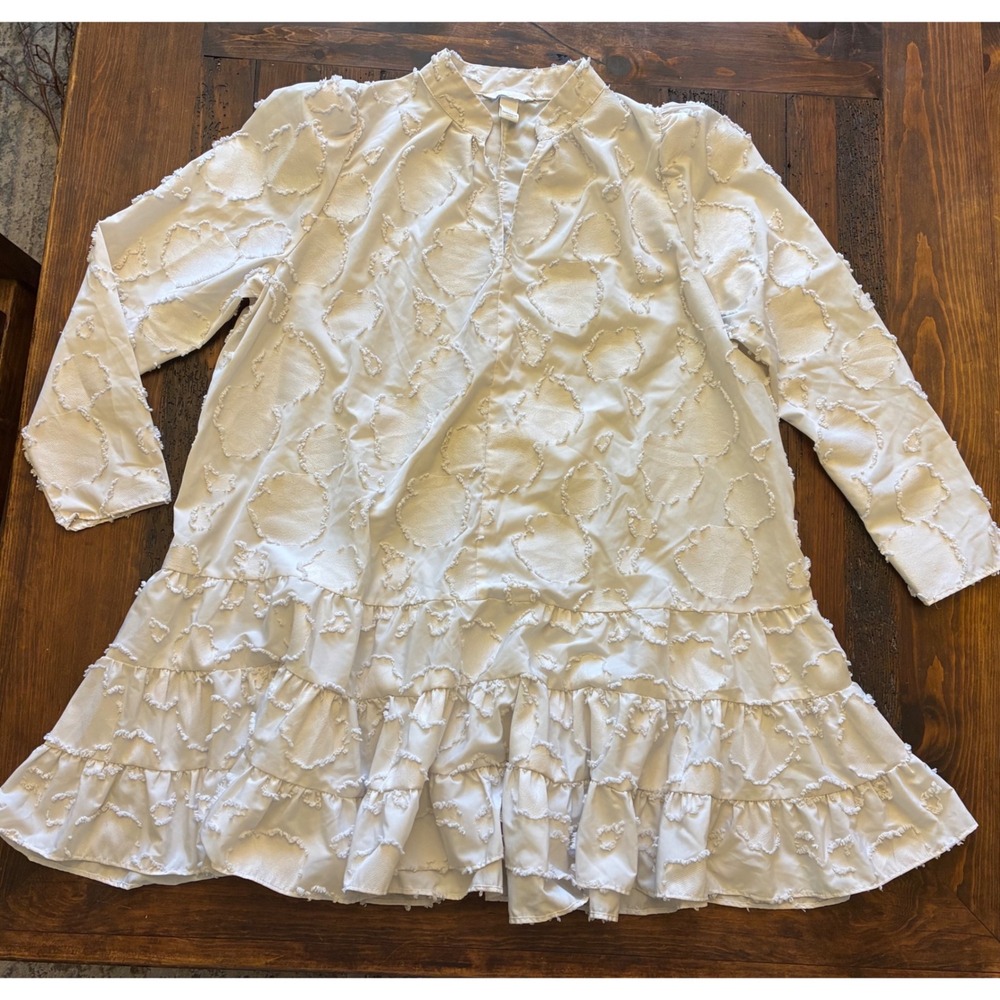 H&M Jacquard Weave White Shirt Dress Long Sleeve Women's Size XL Chic Minimalist - Picture 2 of 5